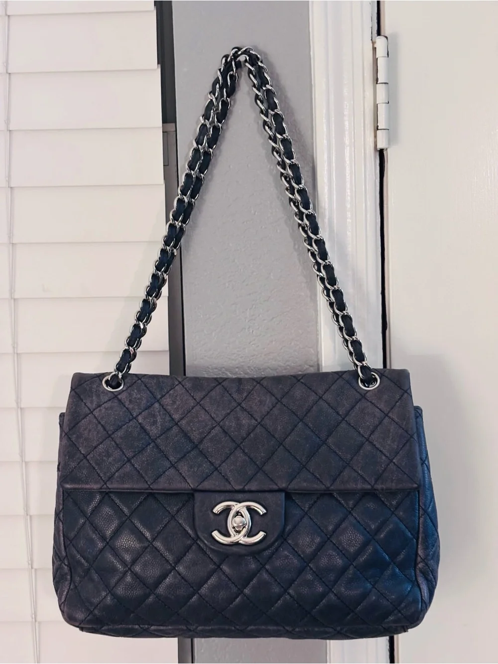 CHANEL vintage Maxi Classic Flap Navy Caviar Leather w/ Silver Hardware